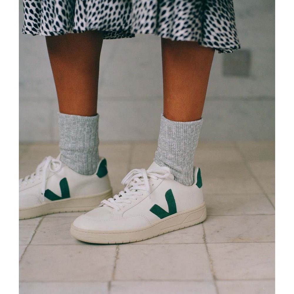 Veja V-12 LEATHER Sneakers Dames White/Green | BE 671KOR